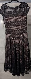 Sangria Lace Midi Dress 10 Black Nude Fit & Flare Stretch Illusion Sequin